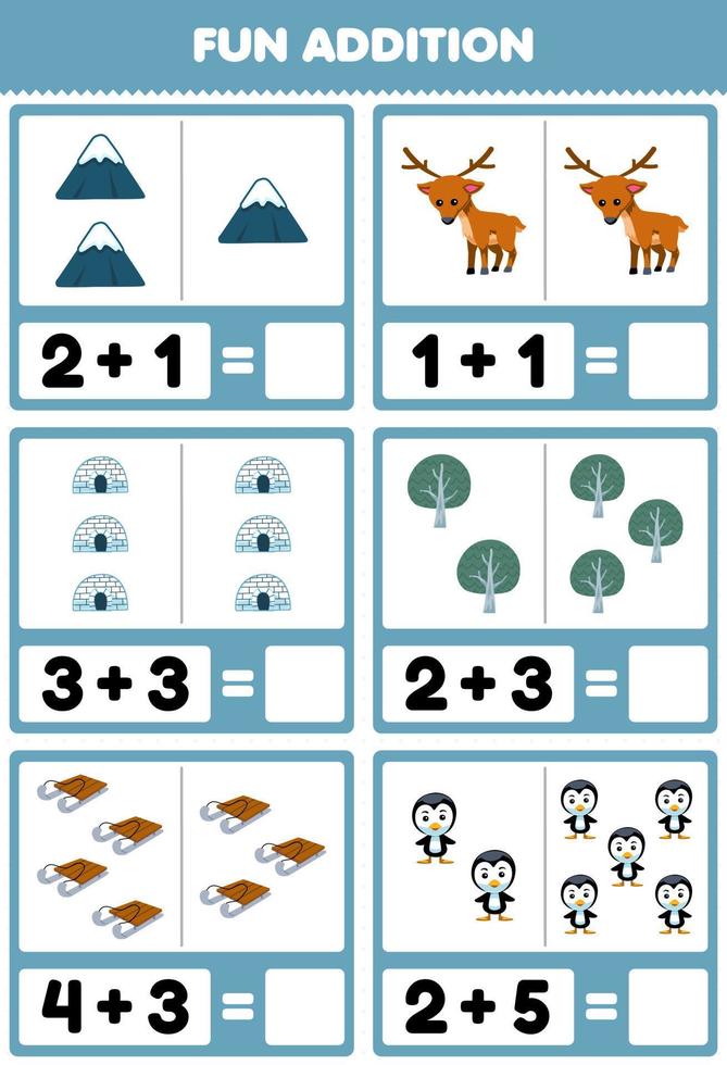 jeu éducatif pour les enfants addition amusante par comptage et somme de dessin animé mignon cerf de montagne igloo arbre traîneau pingouin feuille de travail imprimable d'hiver vecteur