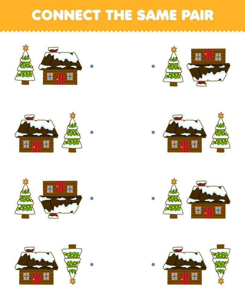 jeu éducatif pour les enfants connectez la même image de dessin animé mignon sapin de noël et paire de maison enneigée feuille de travail d'hiver imprimable vecteur