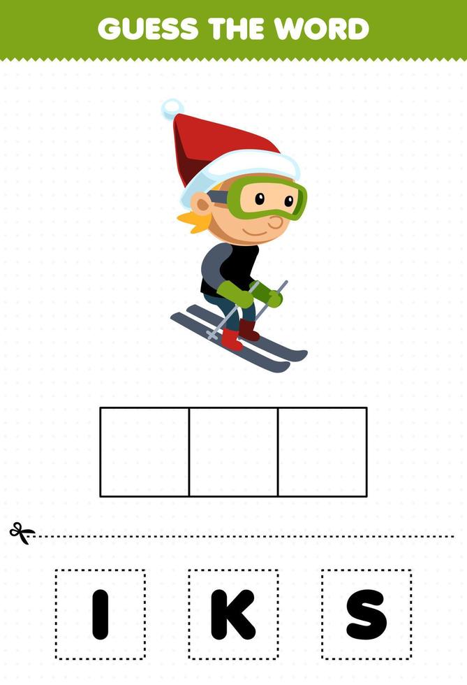 jeu d'éducation pour les enfants devinez le mot lettres pratiquant de dessin animé mignon garçon jouant au ski feuille de travail d'hiver imprimable vecteur