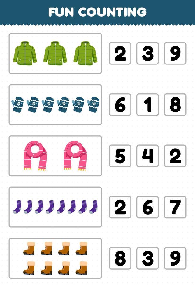 jeu éducatif pour les enfants amusant compter et choisir le bon nombre de dessin animé mignon manteau mitaine écharpe chaussette botte feuille de travail hiver imprimable vecteur