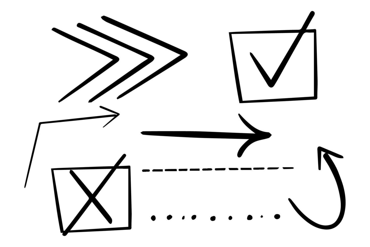 définir des lignes, des flèches, des marques dans le style doodle isolés sur fond blanc. points dessinés à la main, rayures. illustration vectorielle vecteur