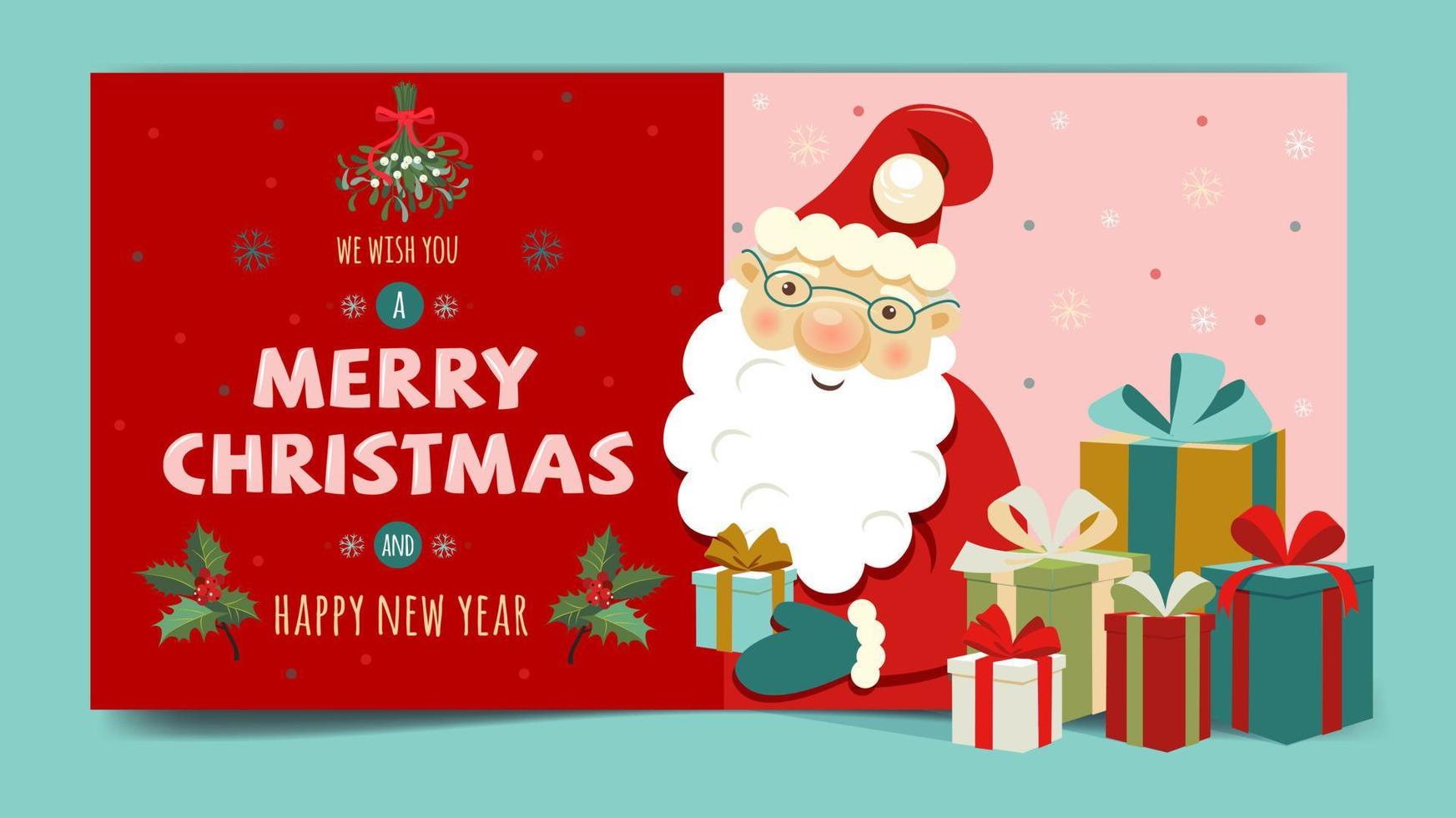 le père noël mignon donne des cadeaux. joyeux Noel et bonne année. illustration vectorielle de cartes de noël. vecteur