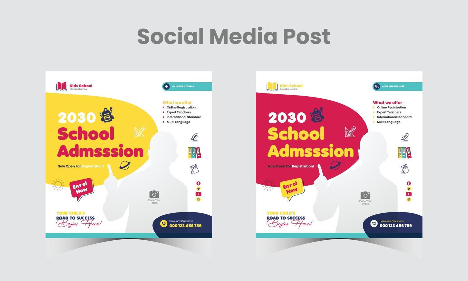 modèle de conception de publication sur les médias sociaux d'admission à l'école ou retour à l'école sur les médias sociaux combinaison de couleurs bleu et jaune bannière web carrée vecteur