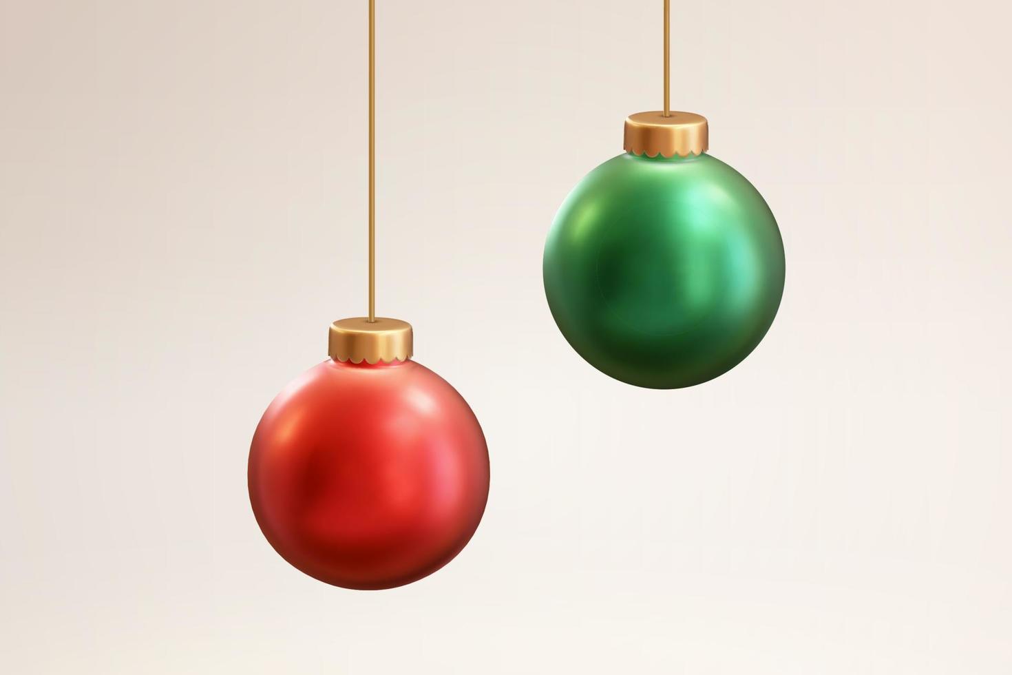 Ornements de boule de noël suspendus en 3d. illustration boules rouges et vertes avec des cordes en métal doré suspendues au-dessus vecteur