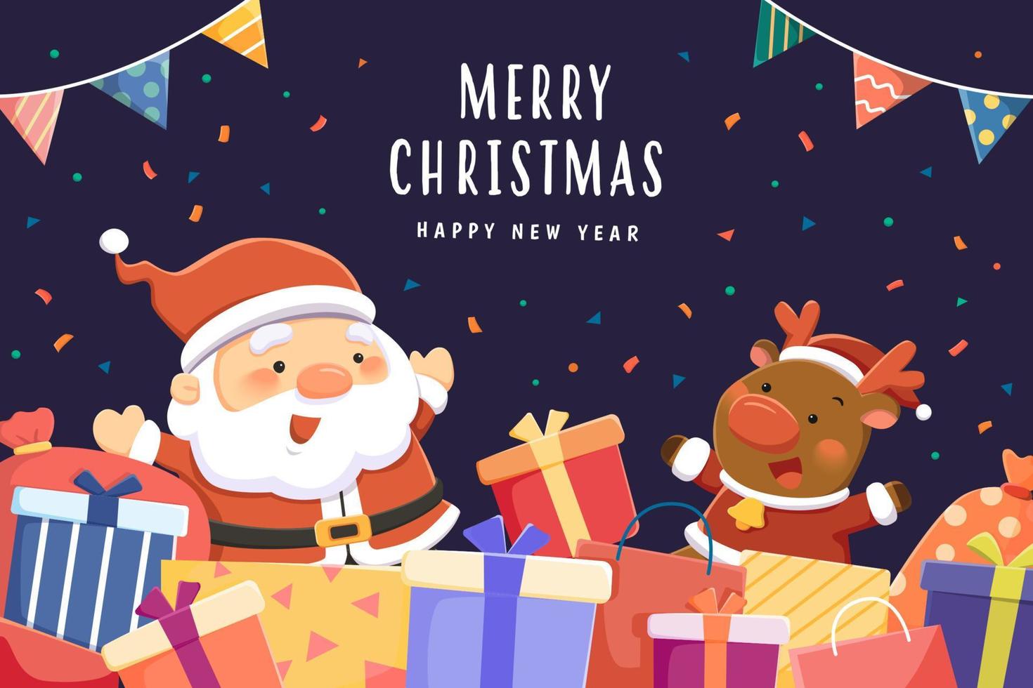 carte de voeux de Noël et du nouvel an. illustration plate du père noël et des rennes avec un tas de coffrets cadeaux sur fond bleu foncé vecteur