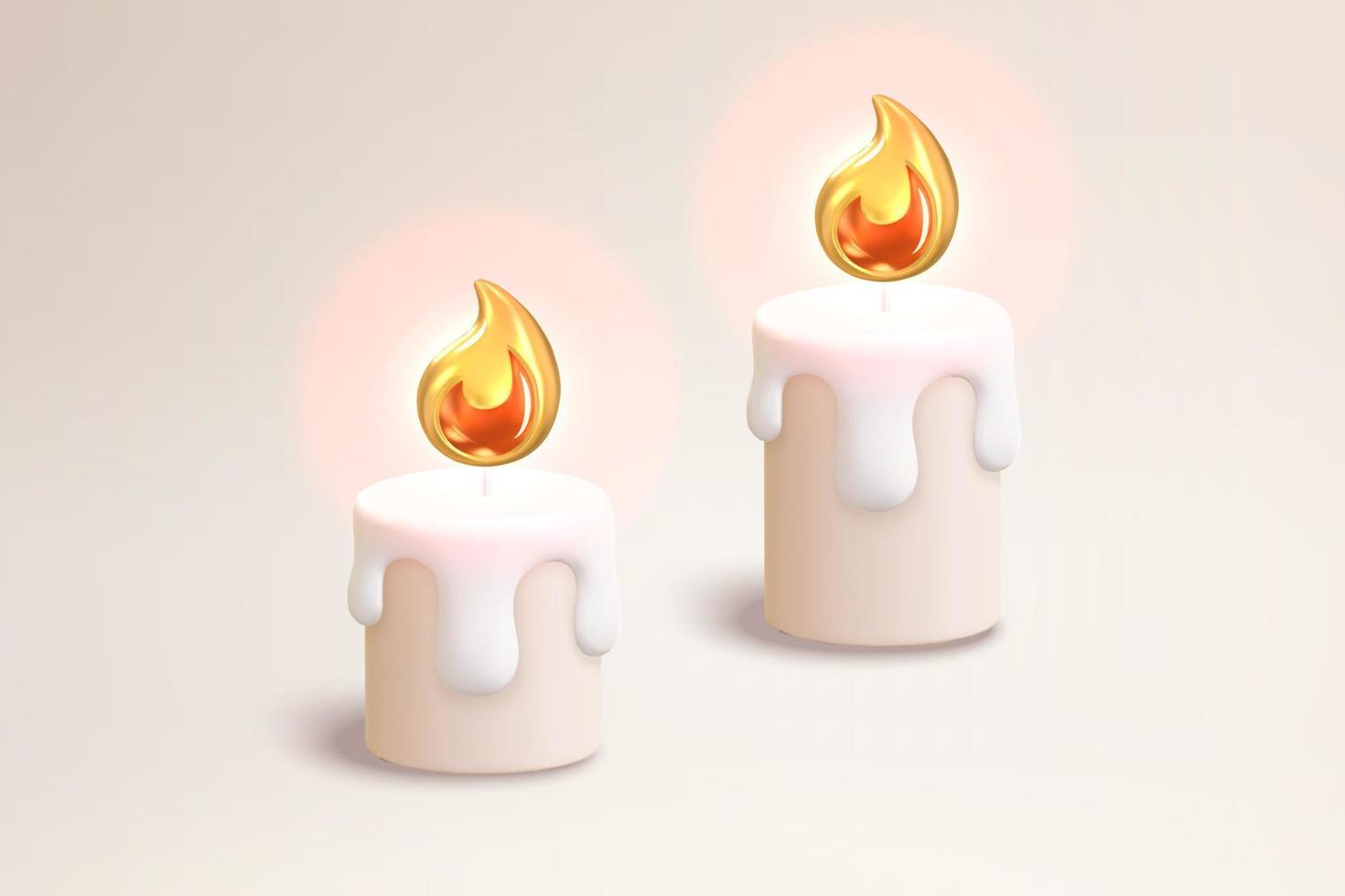 bougies fondues 3d et flammes. illustration de deux bougies allumées adaptées aux occasions de noël, cérémonielles et rituelles vecteur