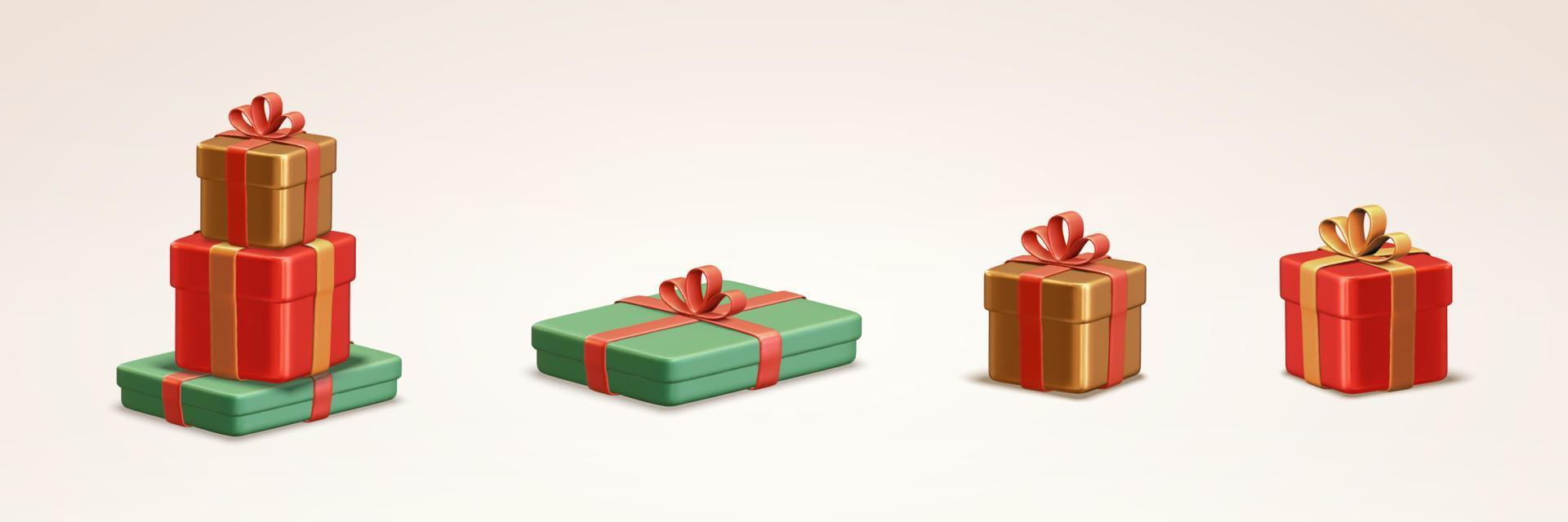 Collection de cadeaux de Noël 3d. illustration de coffrets cadeaux emballés avec des liens de ruban de différentes tailles sur fond blanc vecteur