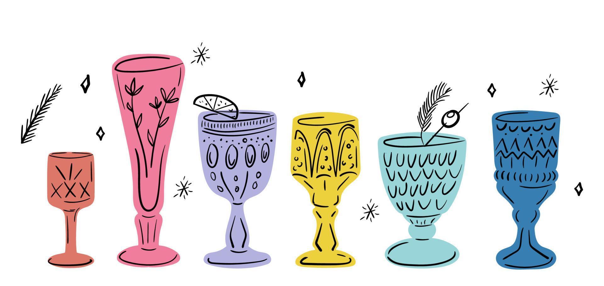 verres à vin en verre coloré dessinés à la main de vecteur. conception de cartes de voeux minimalistes vecteur