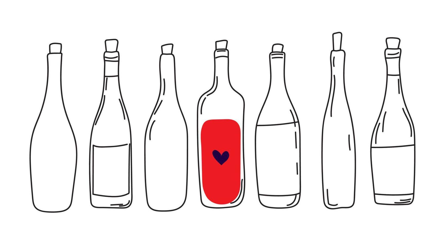 vecteur de bouteilles de vin, alcool, dessin au trait, doodle, design minimaliste.