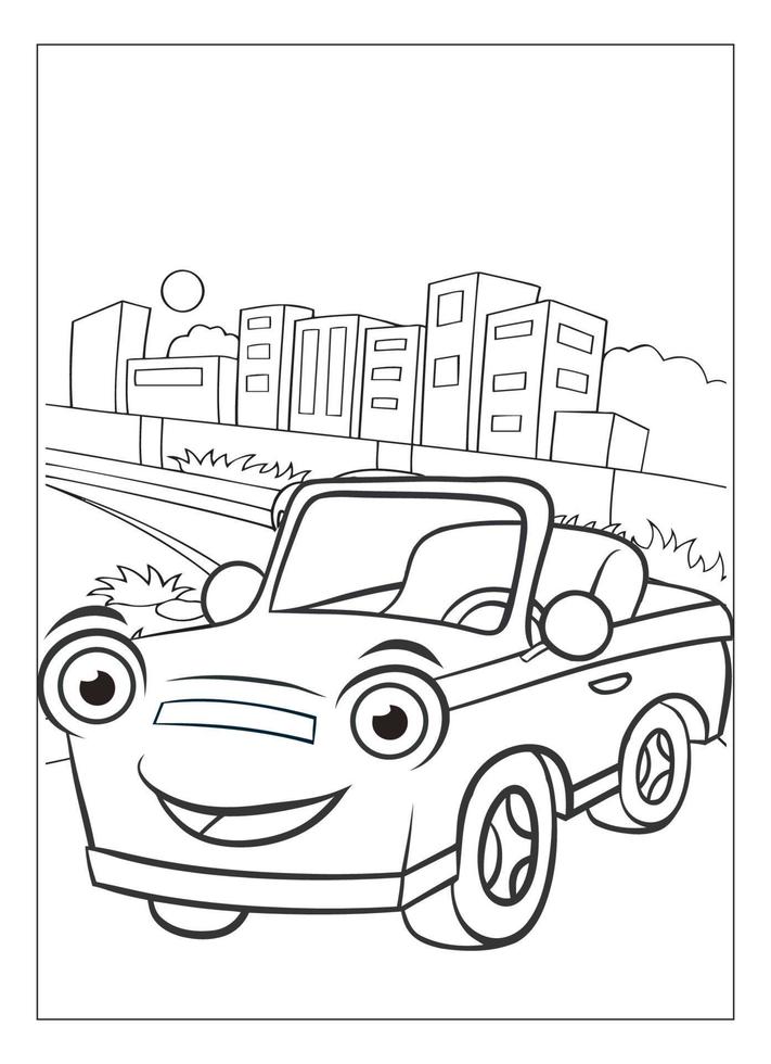 page de coloriage de voiture de dessin animé heureux et drôle pour les enfants amoureux de la voiture vecteur