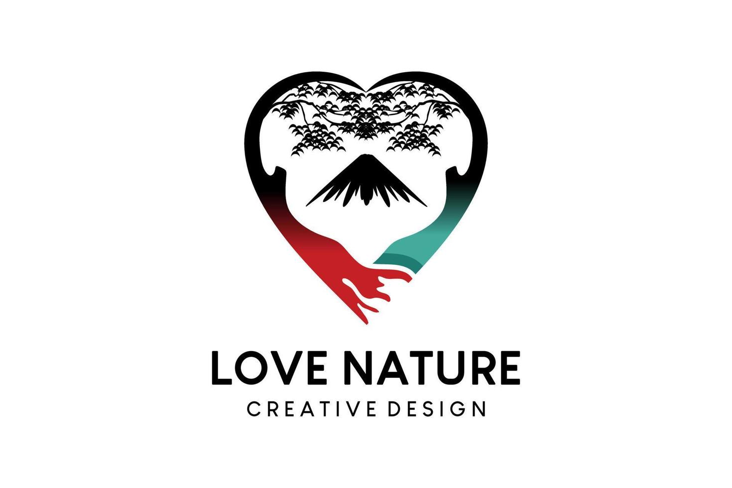 conception de logo d'arbre de coeur avec des montagnes, illustration de vecteur d'amour de nature