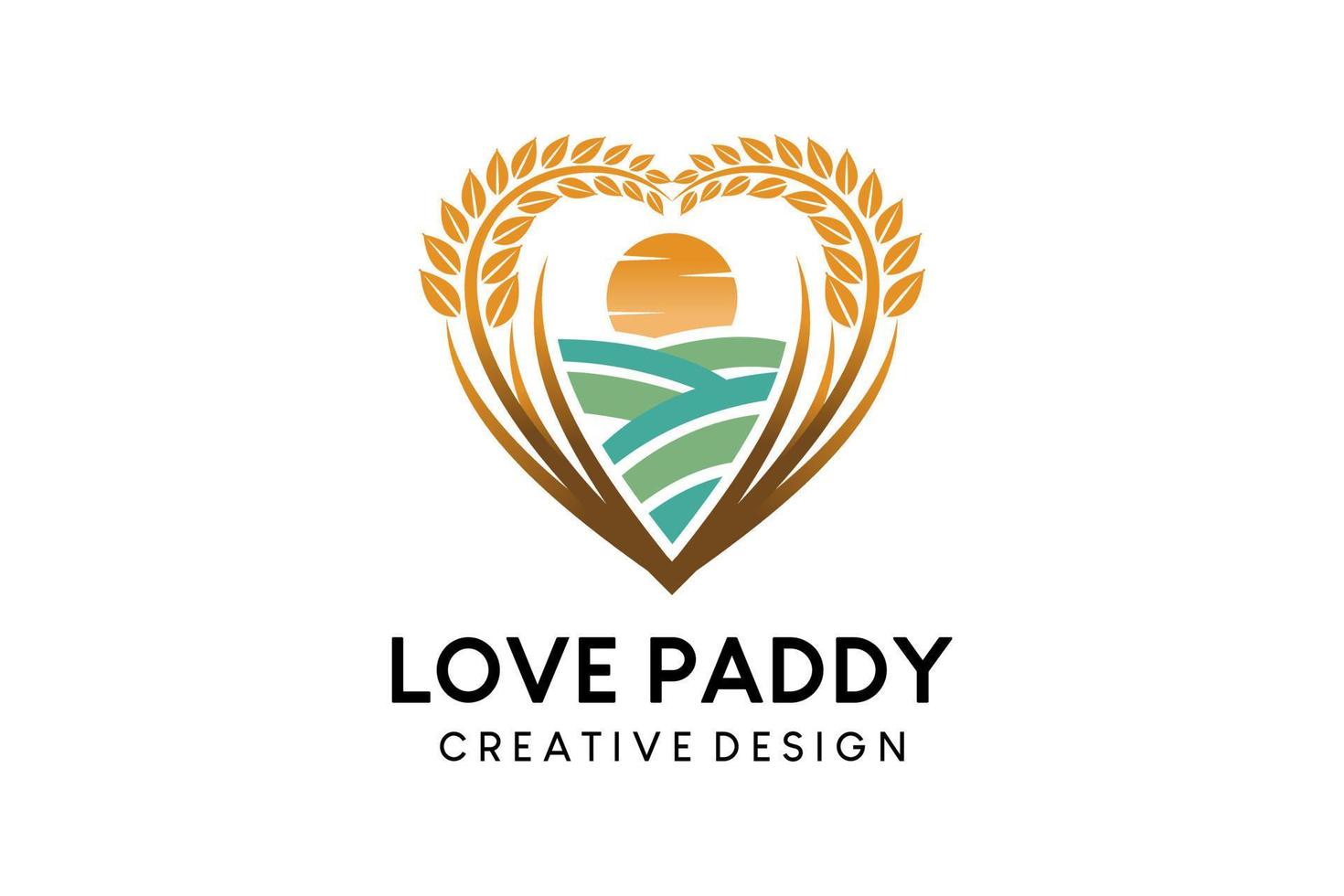 création de logo paddy avec des terres agricoles en forme de coeur, illustration vectorielle du logo paddy farm vecteur