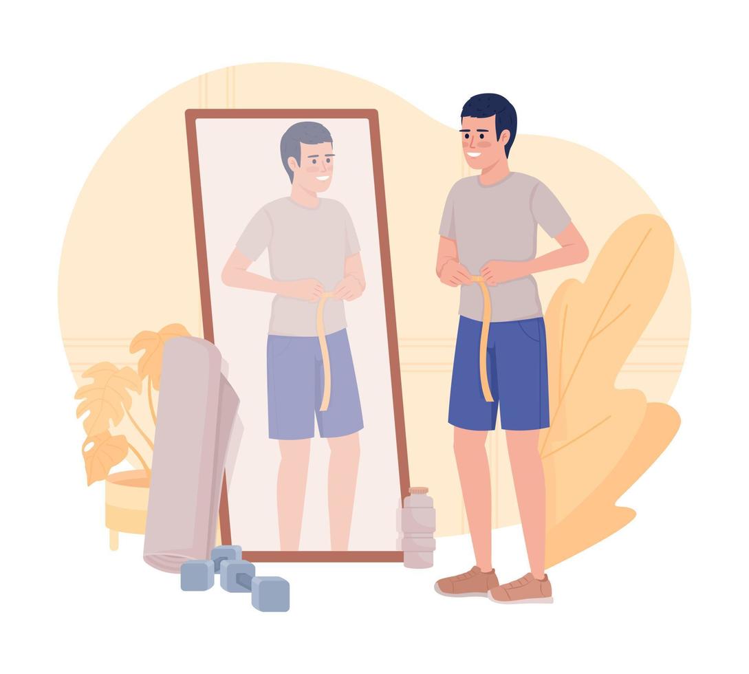 homme perdant du poids illustration vectorielle 2d isolée. activité sportive pour le caractère plat de la santé sur fond de dessin animé. façonner une scène modifiable colorée pour mobile, site Web, présentation vecteur