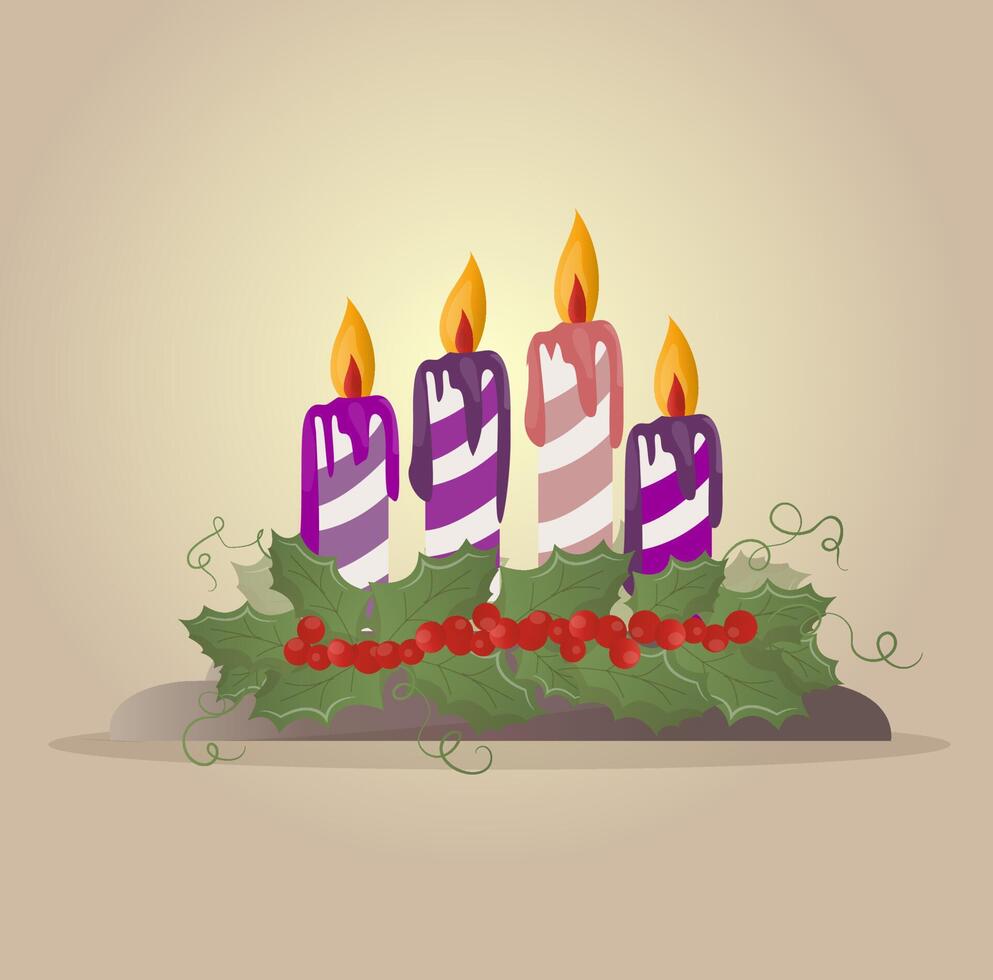 carte de noël avec des bougies et du gui, symbolisant l'avènement. illustration de vacances vecteur