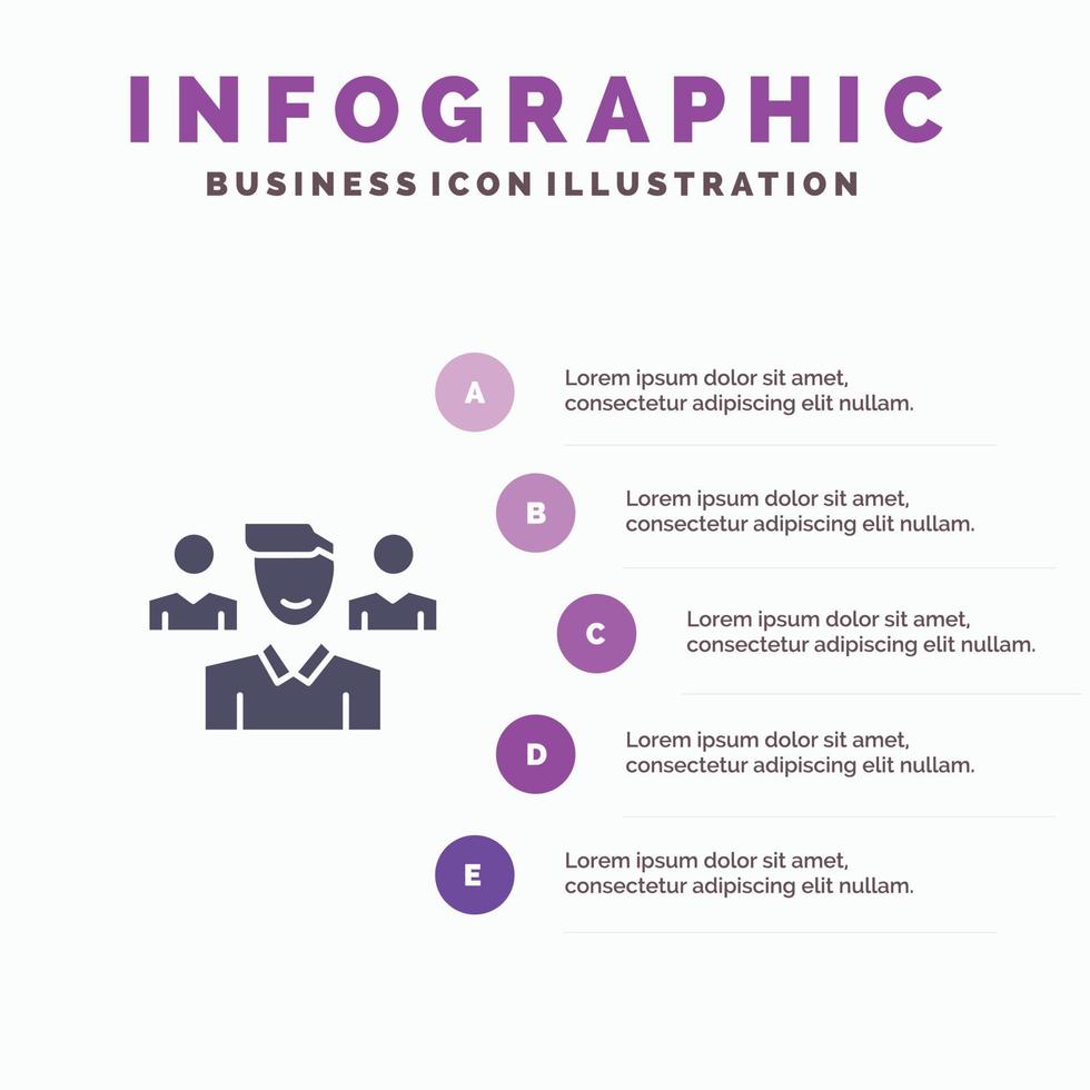 équipe utilisateur gestionnaire escouade solide icône infographie 5 étapes présentation arrière-plan vecteur