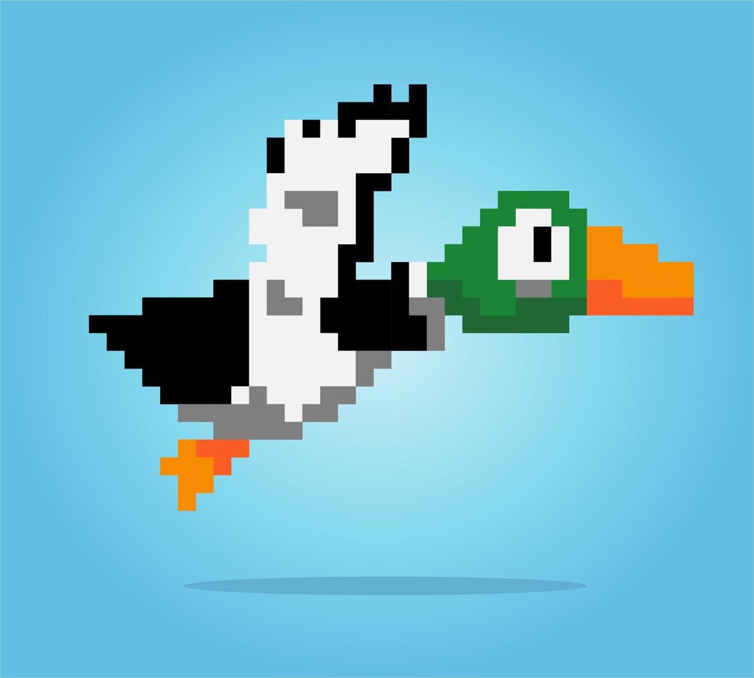 Image de canard volant en pixels 8 bits. animal en illustration vectorielle vecteur