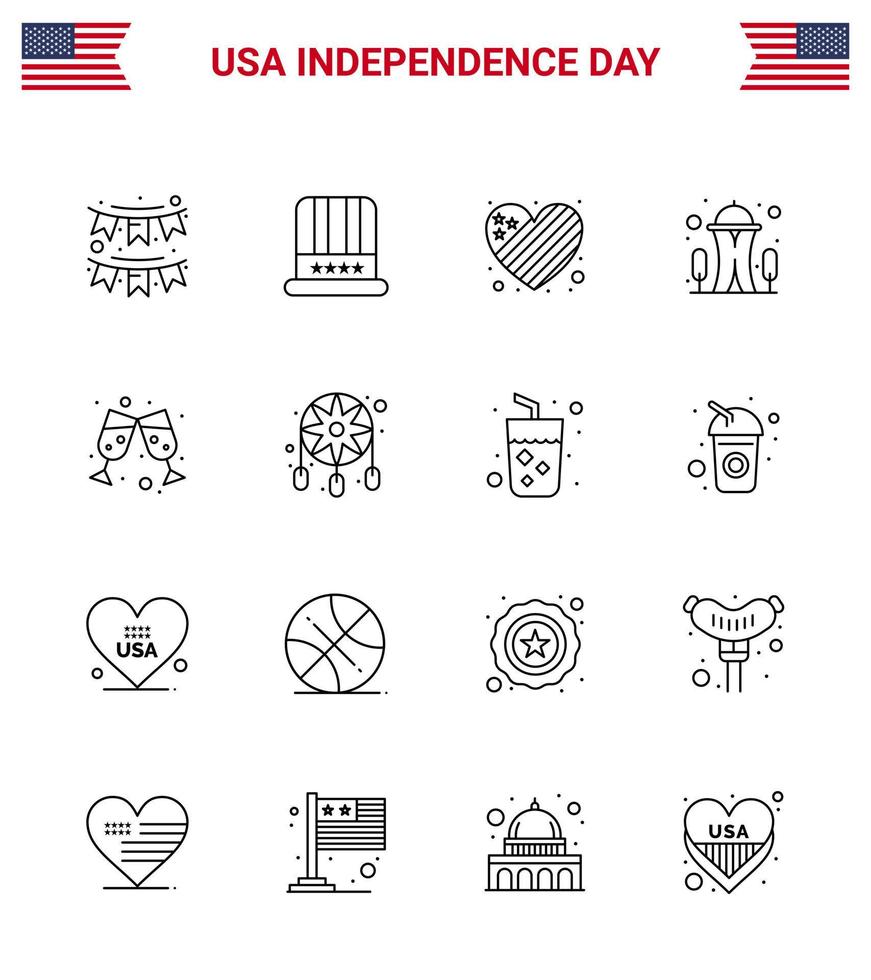 ensemble de 16 lignes modernes pack sur l'aiguille de bière de la fête de l'indépendance des états-unis usa repère amour modifiable usa day vector design elements