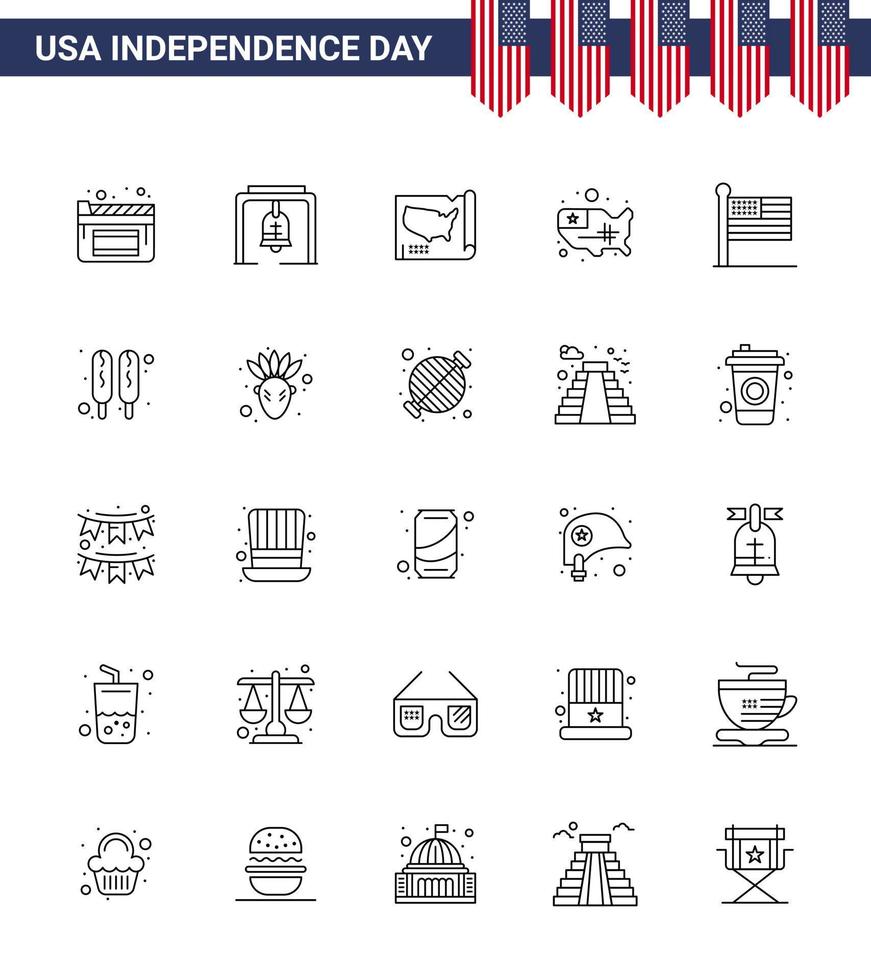 25 usa line pack de signes et symboles de la fête de l'indépendance de la nourriture corn dog states usa states modifiable usa day vector design elements