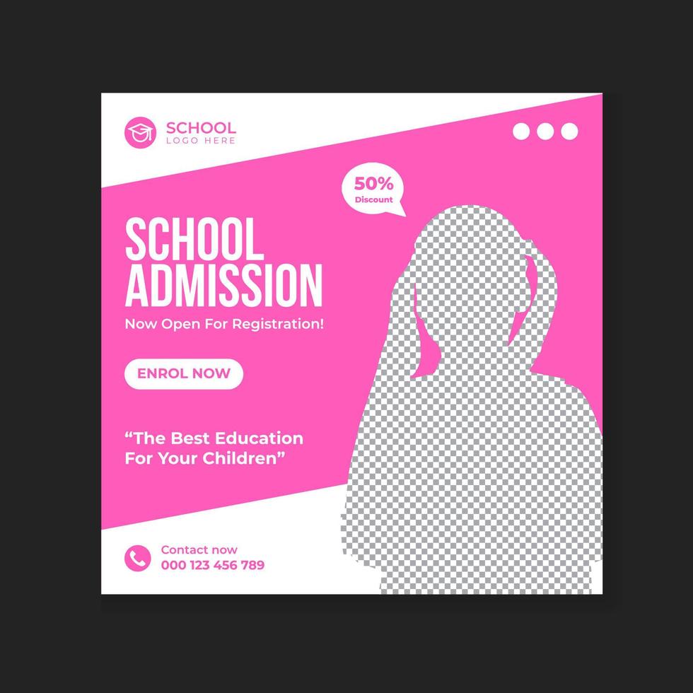 conception de publication sur les médias sociaux d'admission à l'école et modèle de bannière d'admission au collège vecteur