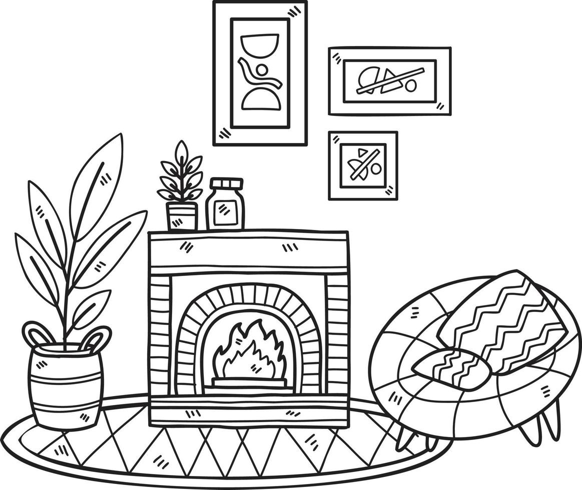 cheminée dessinée à la main avec des plantes et illustration de la salle intérieure du canapé vecteur