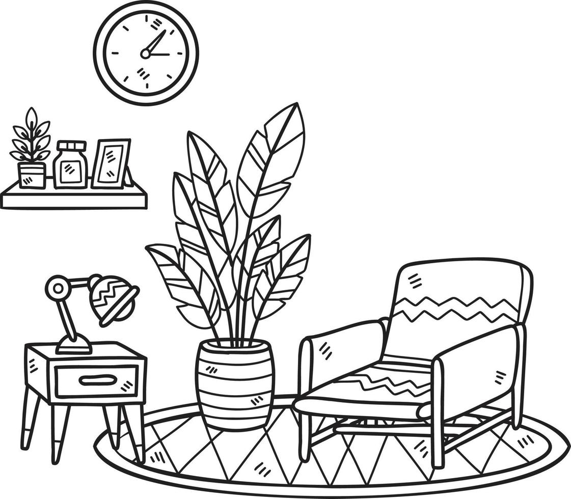 fauteuil dessiné à la main avec des plantes et des étagères illustration de la salle intérieure vecteur