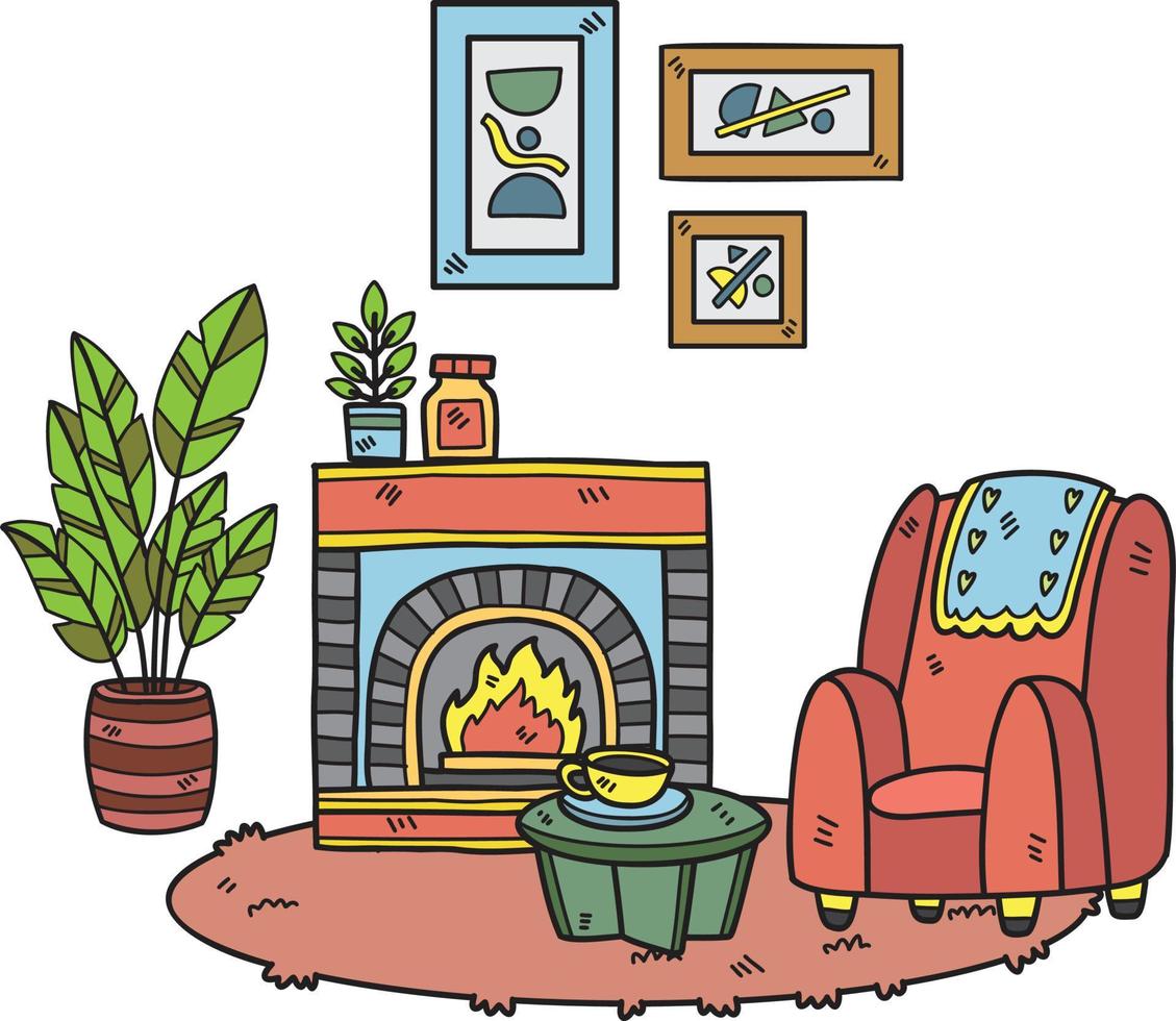 cheminée dessinée à la main avec des plantes et illustration de la salle intérieure du canapé vecteur