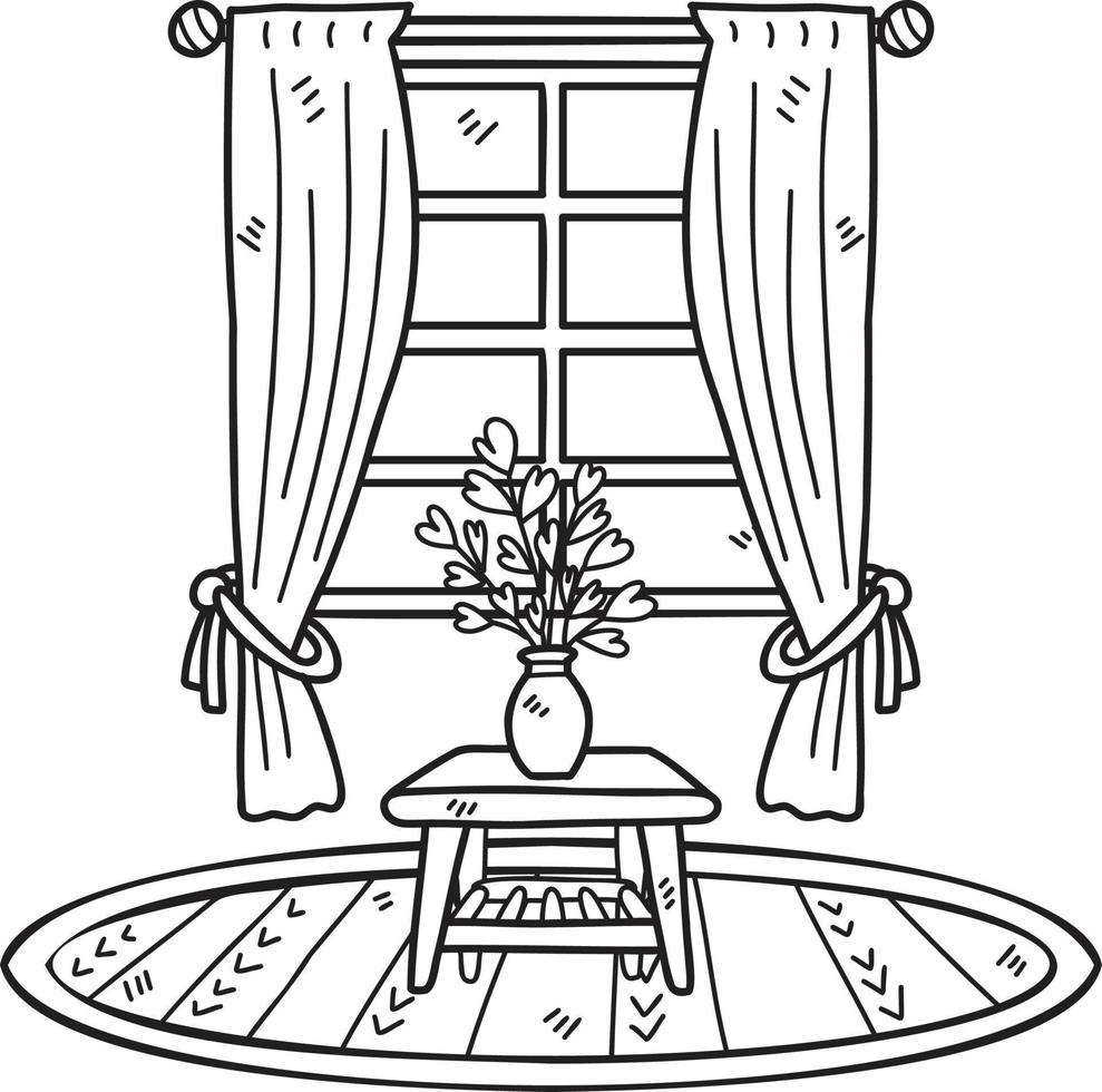 fenêtre dessinée à la main avec des plantes en pot et illustration de tapis vecteur
