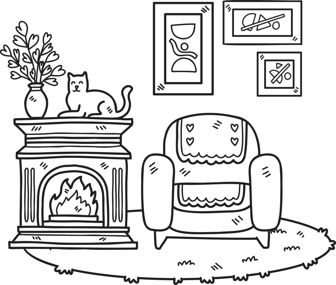 cheminée dessinée à la main avec des chats et un canapé illustration de la pièce intérieure vecteur