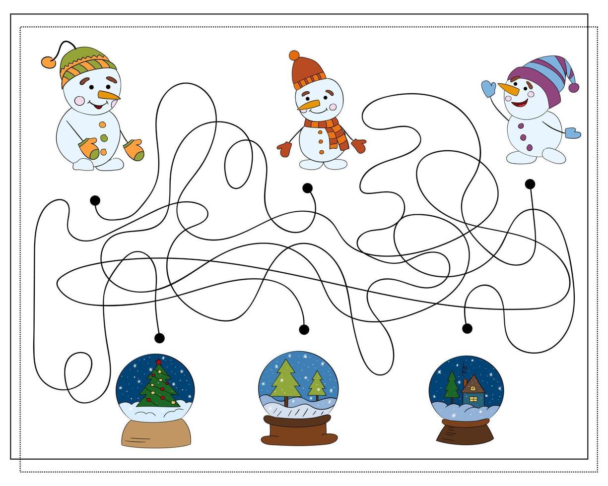 un jeu de puzzle pour les enfants, parcourez le labyrinthe. bonhomme de neige de dessin animé. vecteur