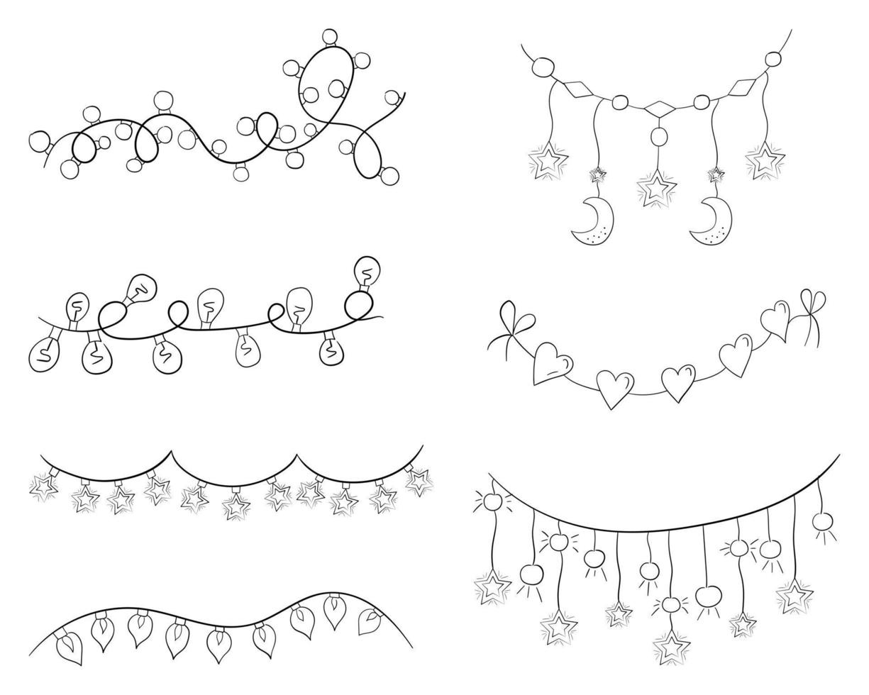 un ensemble de guirlandes festives avec une fine ligne, illustration vectorielle d'un doodle. vecteur