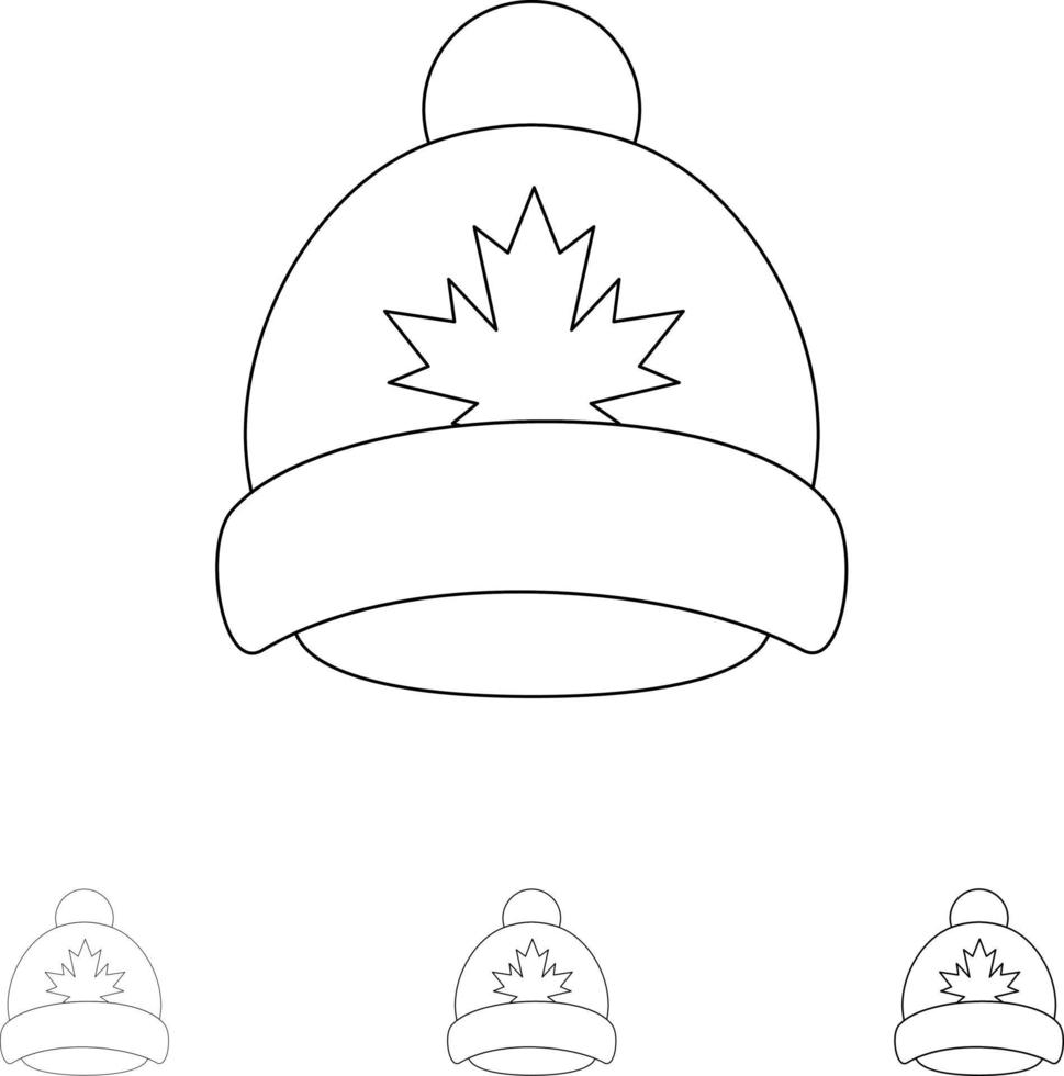 chapeau casquette feuille canada gras et mince ligne noire jeu d'icônes vecteur