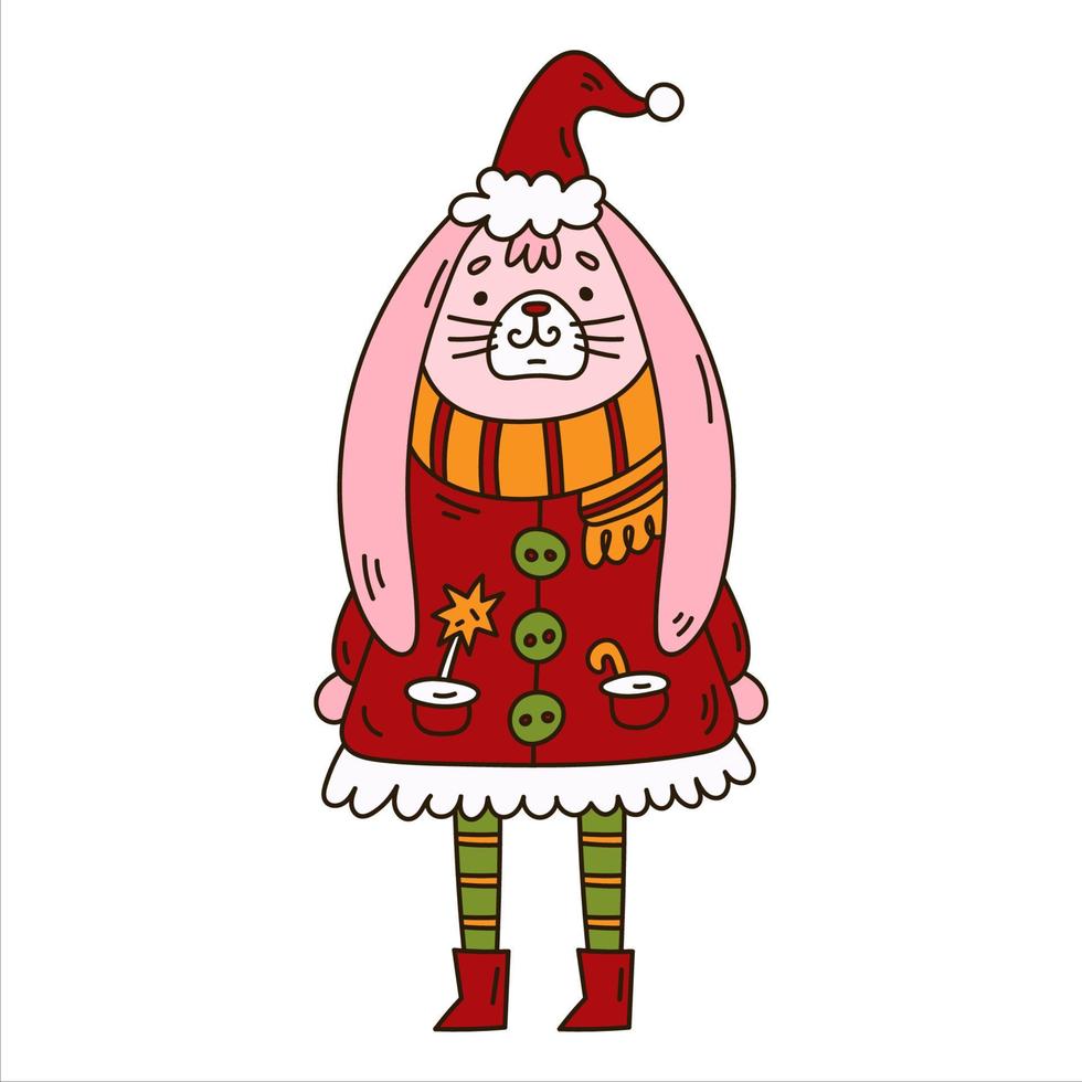 lapin mignon de noël en costume du père noël, illustration pour enfants doodle vecteur
