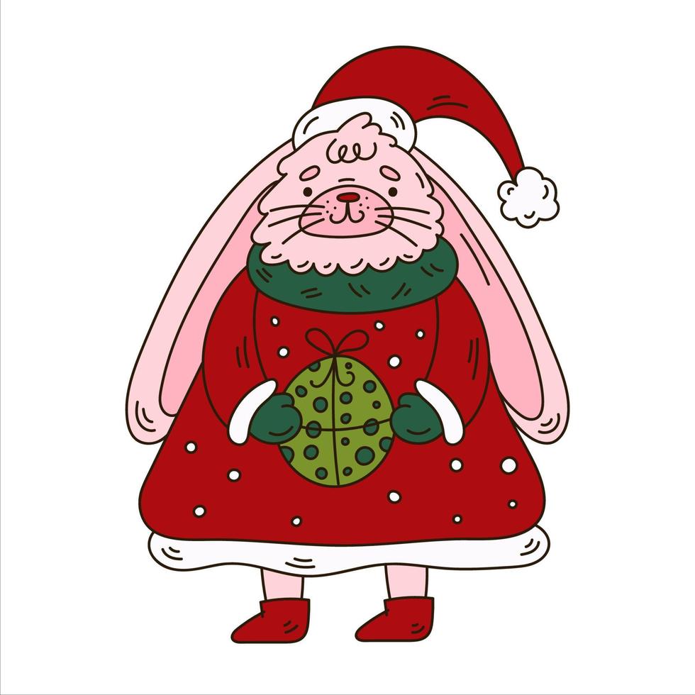 doodle lapin de noël avec cadeau. personnage de lièvre mignon vecteur