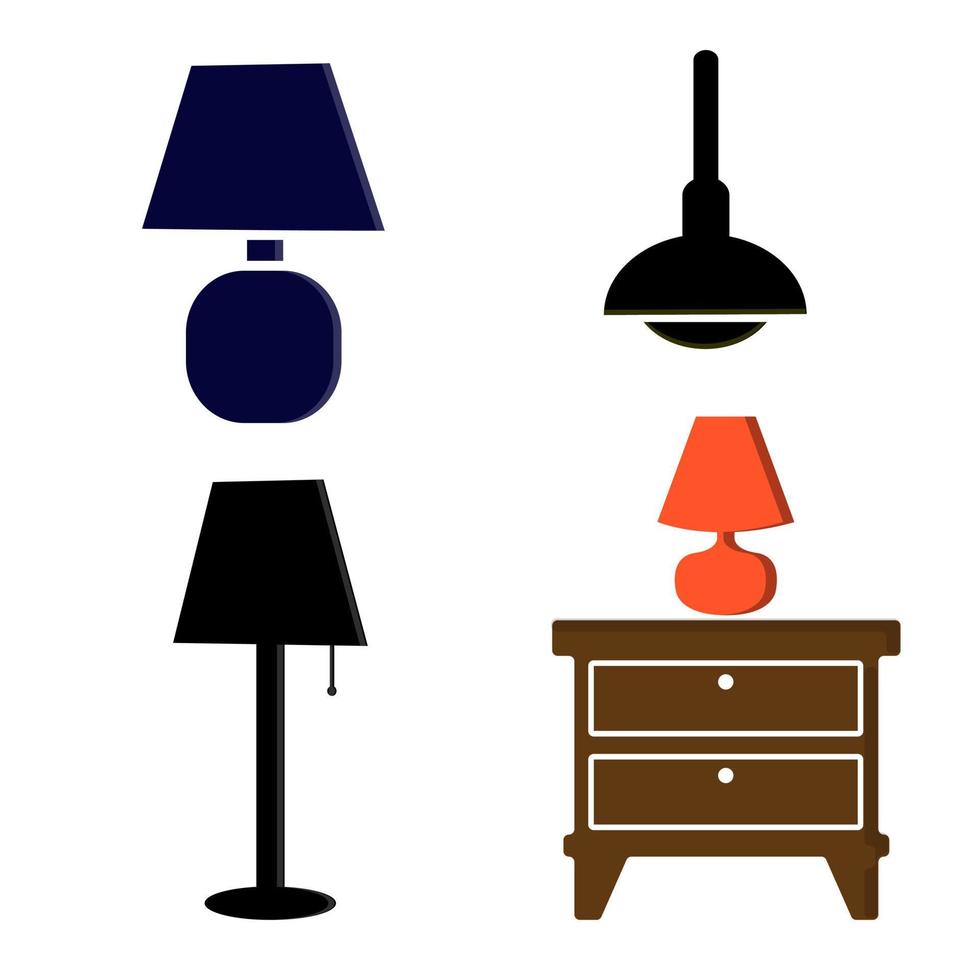 lustre de meuble, lampadaire et lampe de table en style cartoon plat. un ensemble de lampes sur fond blanc. lustres, illuminateur, lampe de poche - éléments d'un intérieur moderne. illustration vectorielle. vecteur