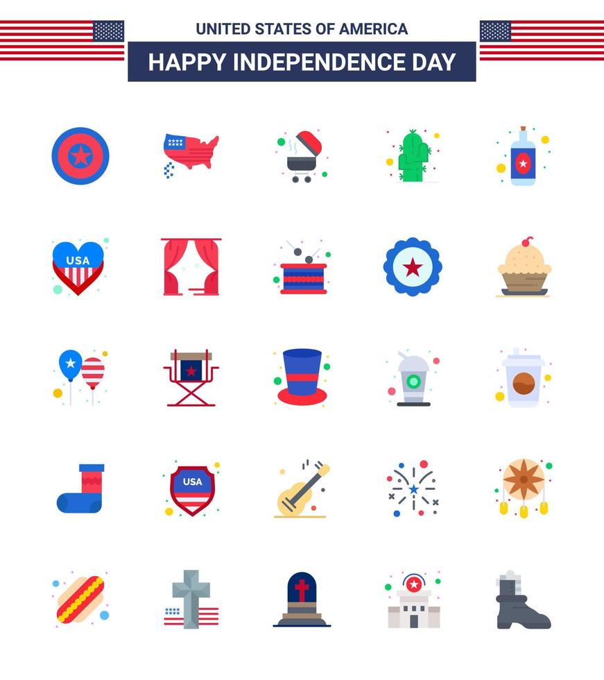 gros pack de 25 usa joyeux jour de l'indépendance usa vecteur appartements et symboles modifiables de vin alcool barbecue désert fleur modifiable usa day vector design elements