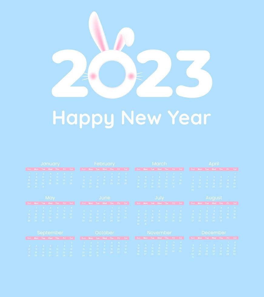 vecteur de modèle de calendrier 2023, oreilles de lapin mignon. planificateur 2023 année, calendrier mural découpé en papier 2023 année. lapin chinois du zodiaque. la semaine commence le dimanche, 12 mois, publicité, imprimerie, papeterie.