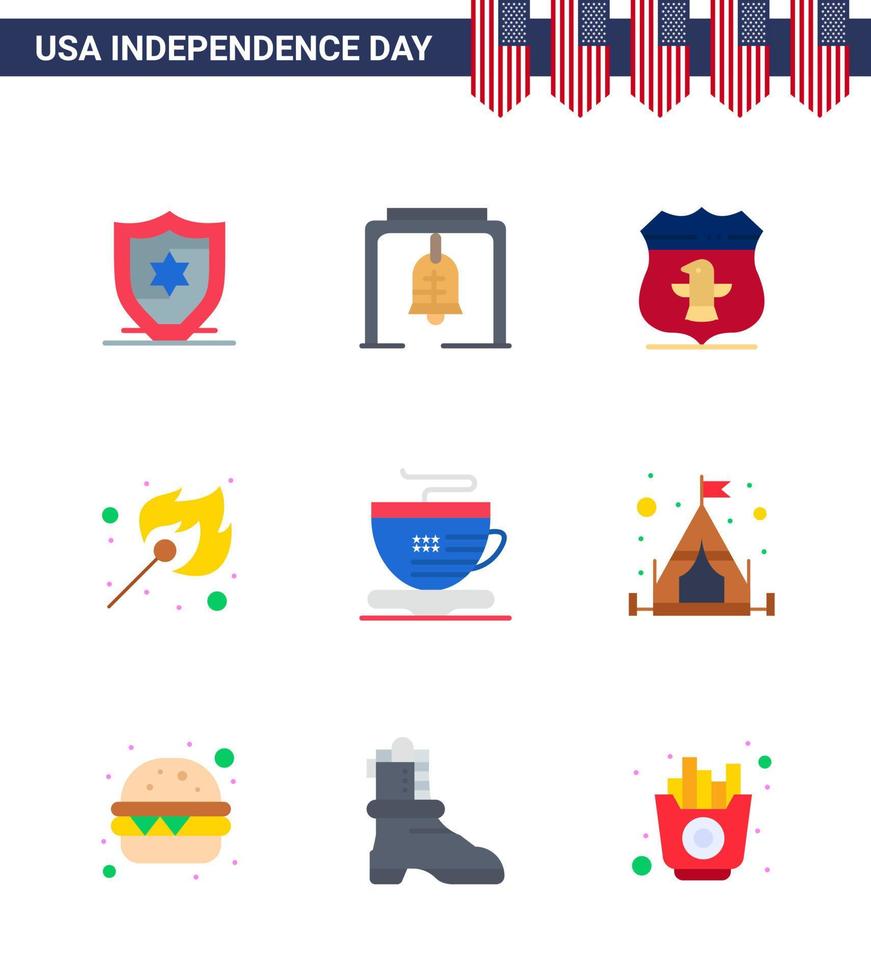 usa joyeux jour de l'indépendance ensemble de pictogrammes de 9 appartements simples de café thé usa feu extérieur modifiable usa day vector design elements