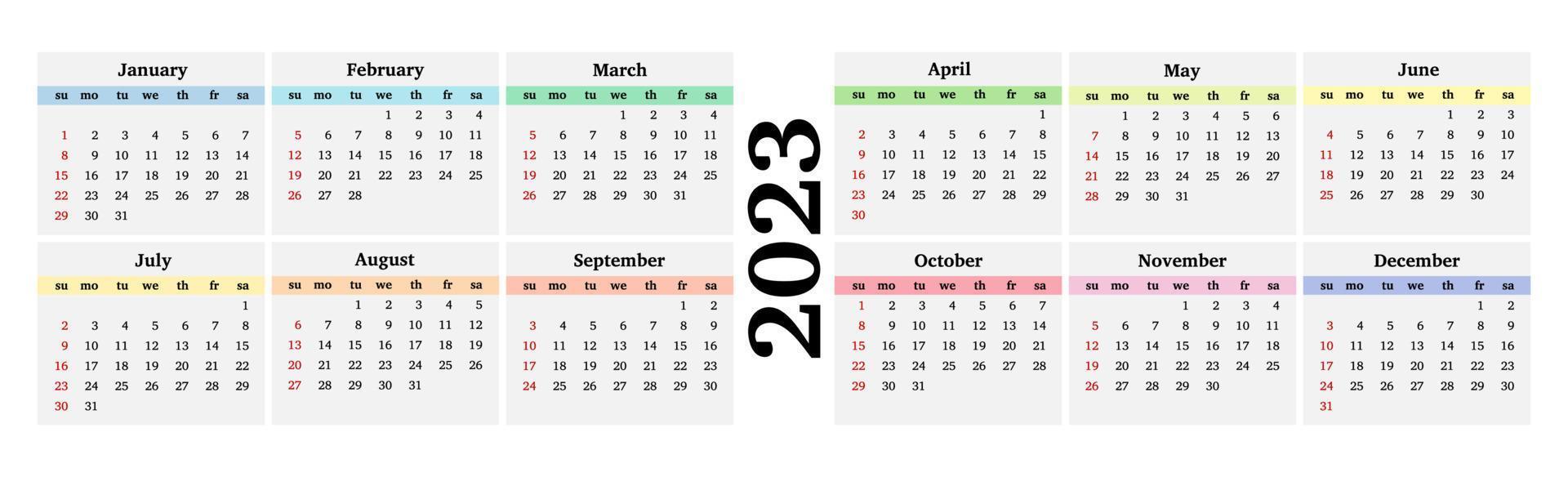 calendrier horizontal pour 2023 isolé sur fond blanc. du dimanche au lundi, modèle d'entreprise. illustration vectorielle vecteur