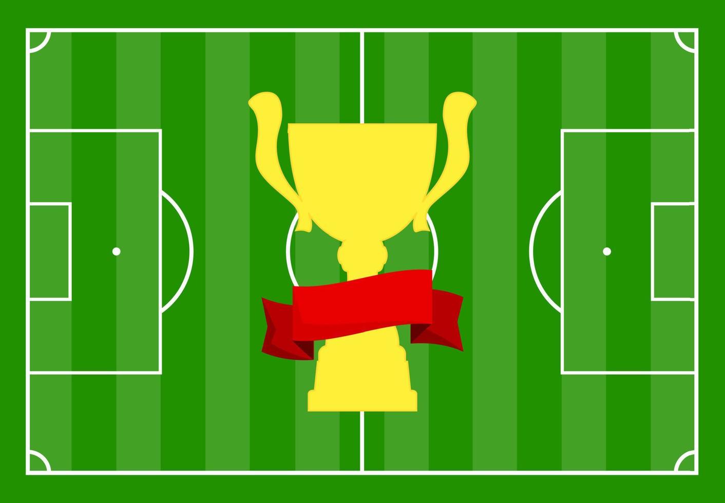 terrain de football avec herbe verte et avec une coupe d'or avec un ruban rouge. illustration vectorielle vecteur