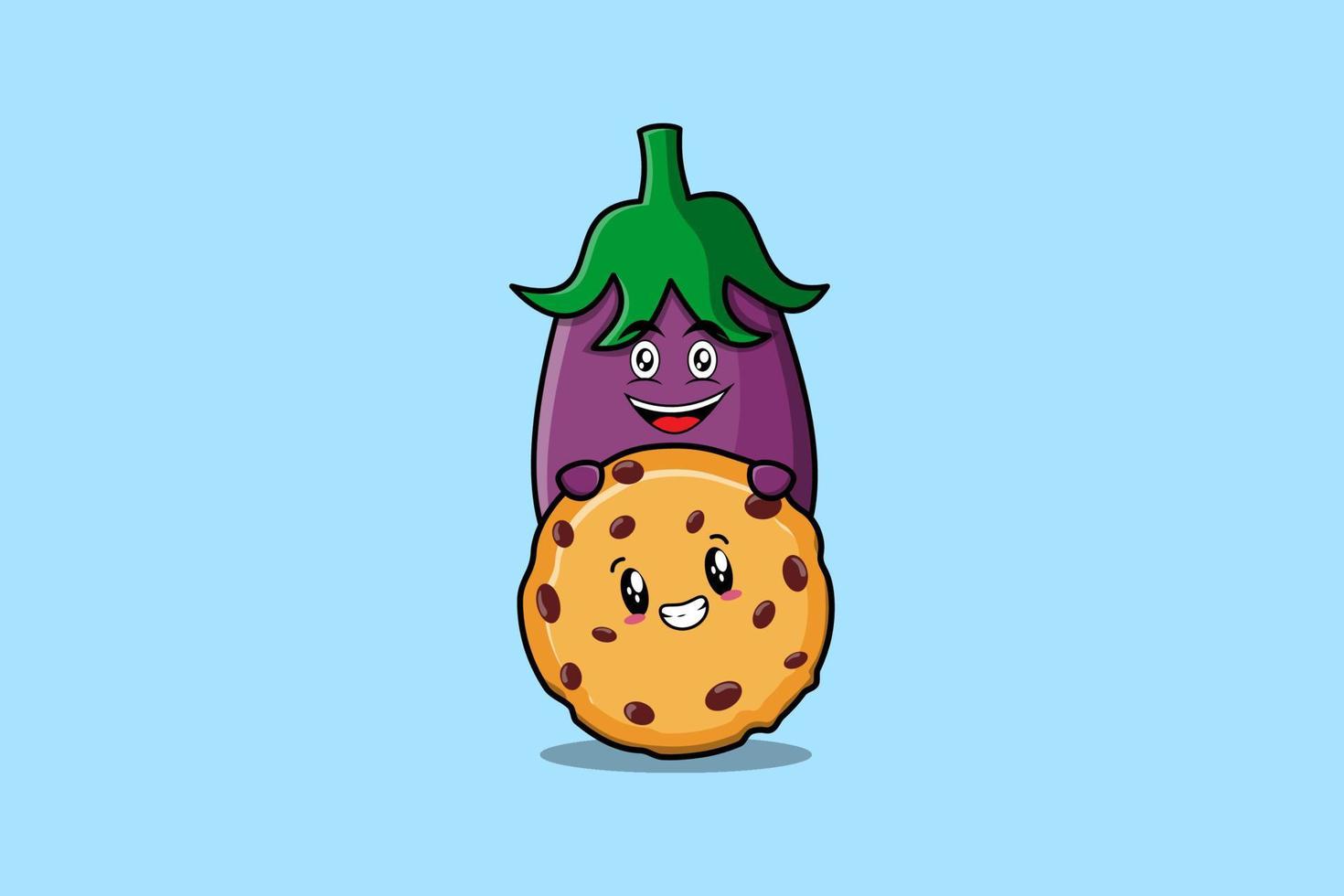 personnage de dessin animé mignon aubergine se cachant dans des biscuits vecteur