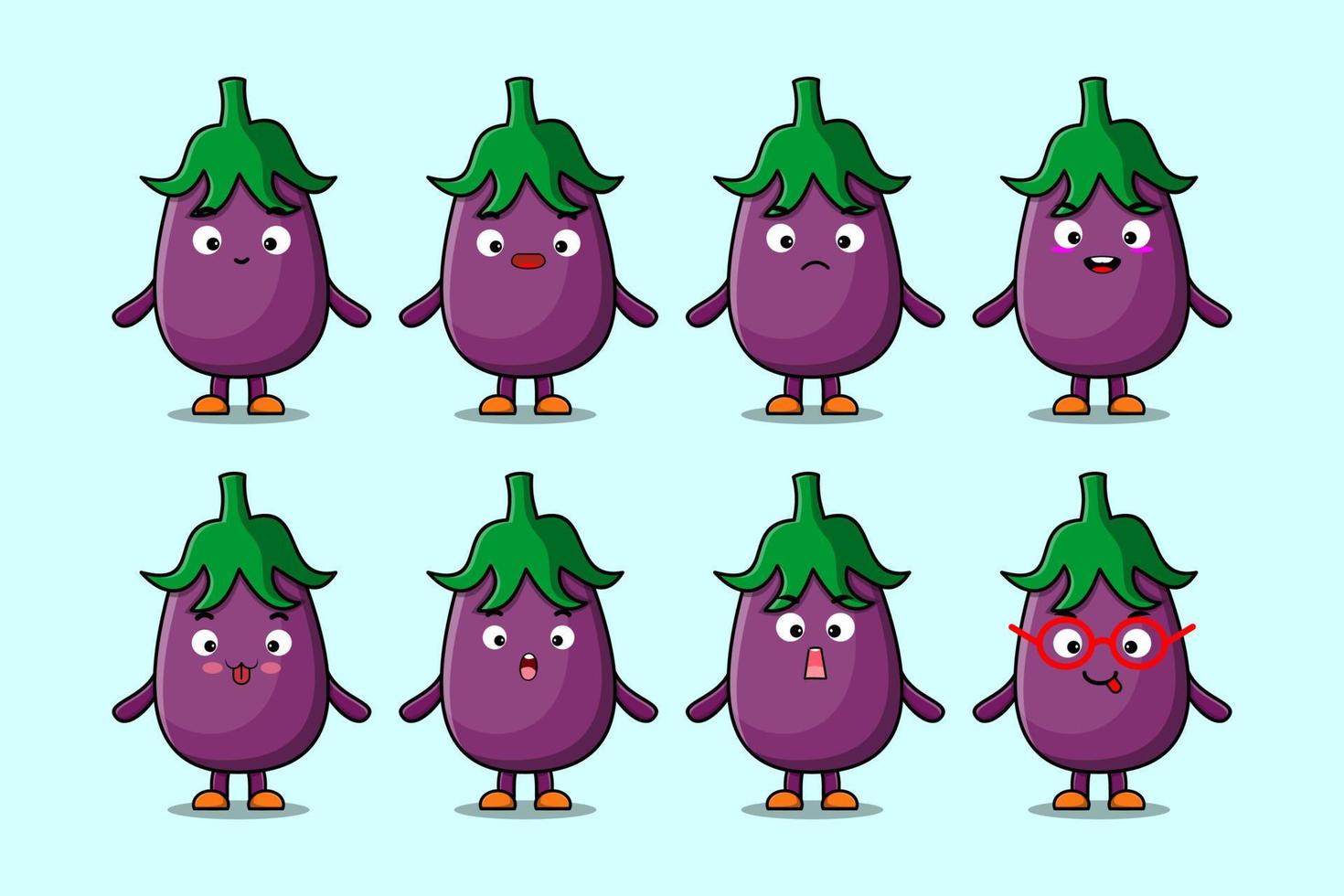 définir différentes expressions de dessin animé d'aubergine kawaii vecteur