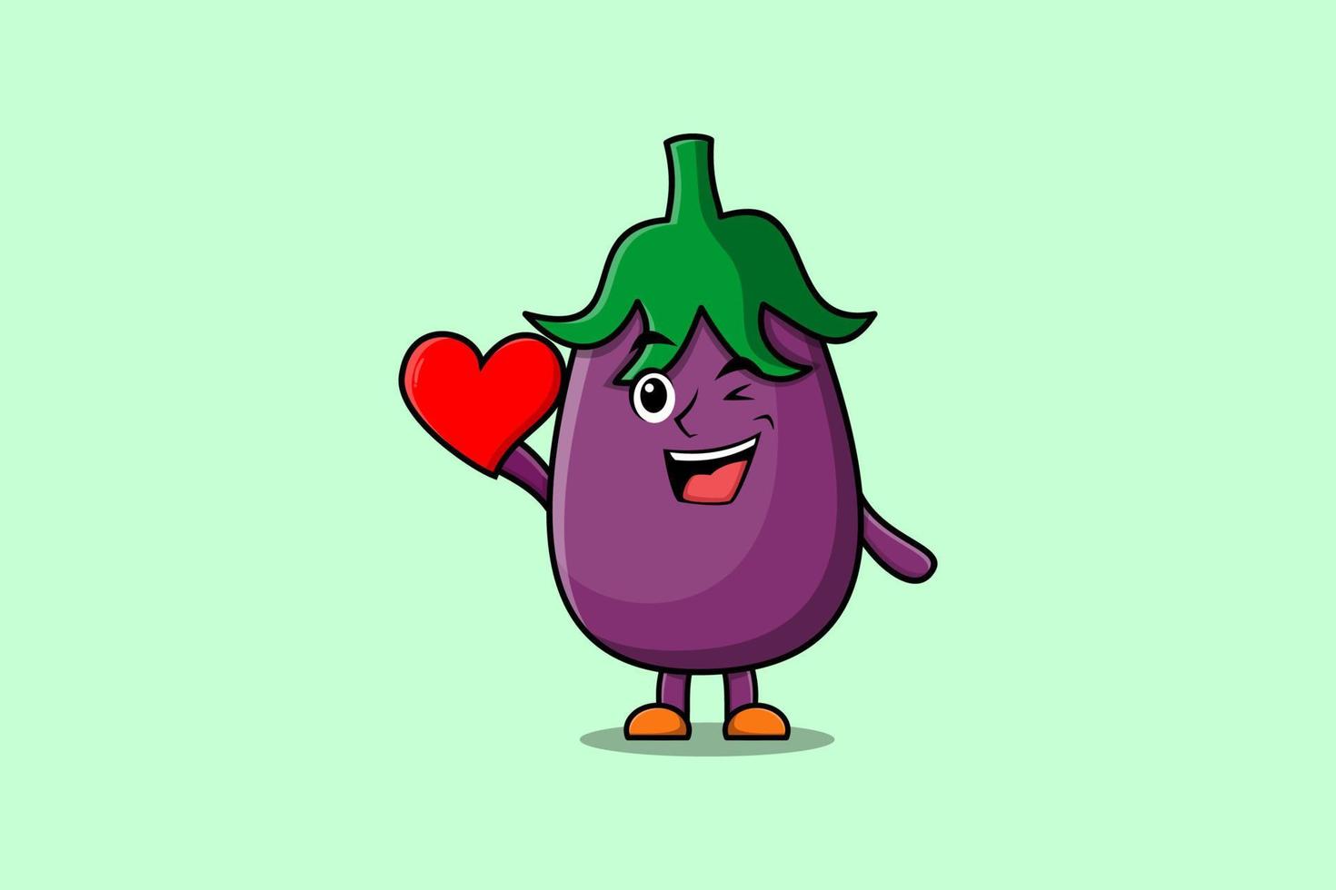 personnage d'aubergine de dessin animé mignon tenir grand coeur rouge vecteur