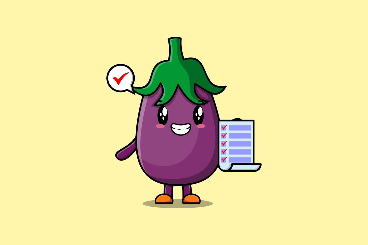 mignon dessin animé aubergine tenant une note de liste de contrôle vecteur