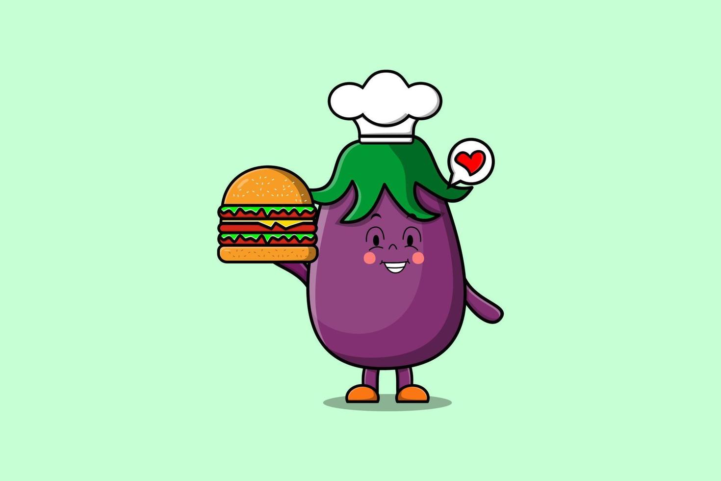 personnage de chef aubergine dessin animé mignon tenir burger vecteur