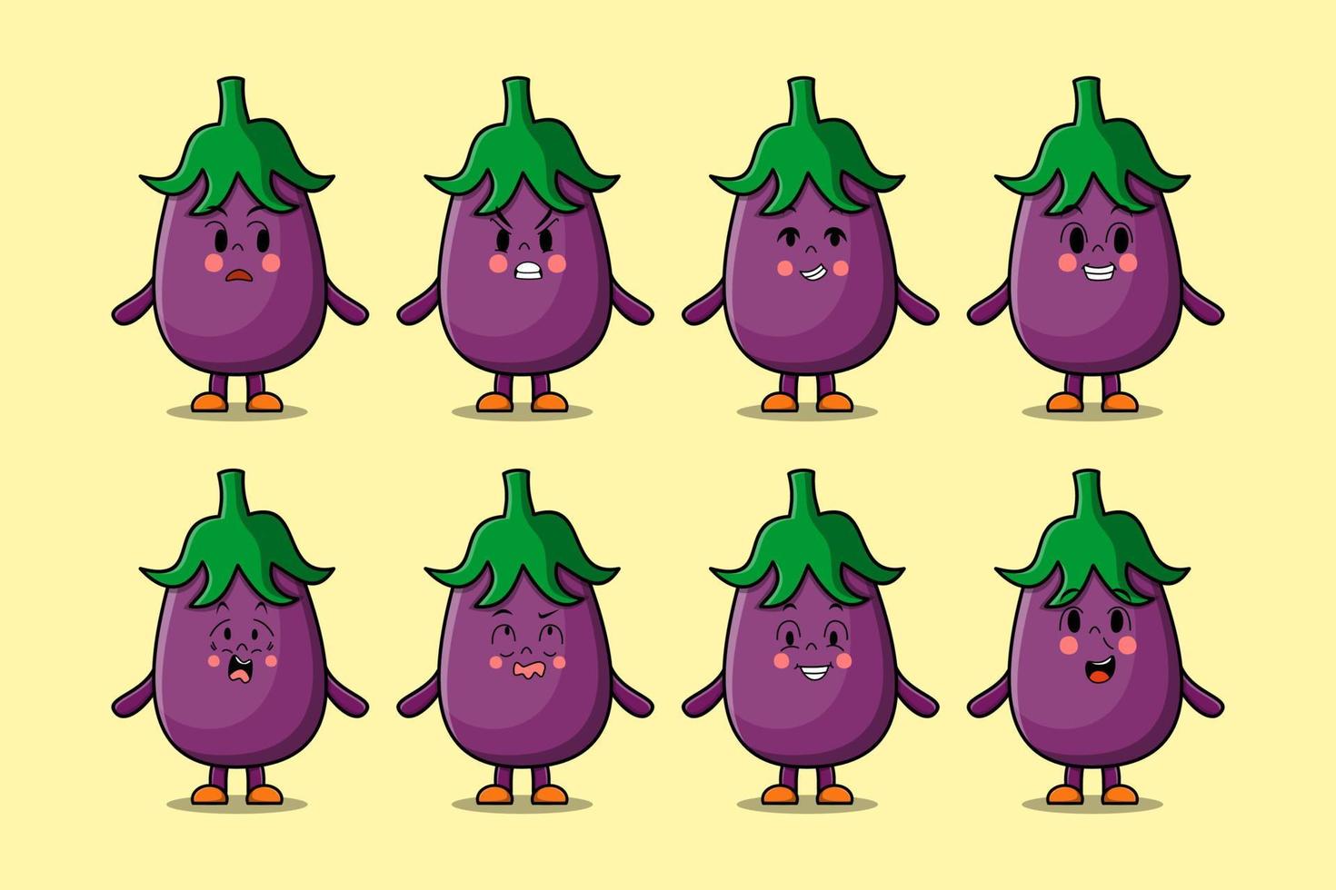 définir différentes expressions de dessin animé d'aubergine kawaii vecteur