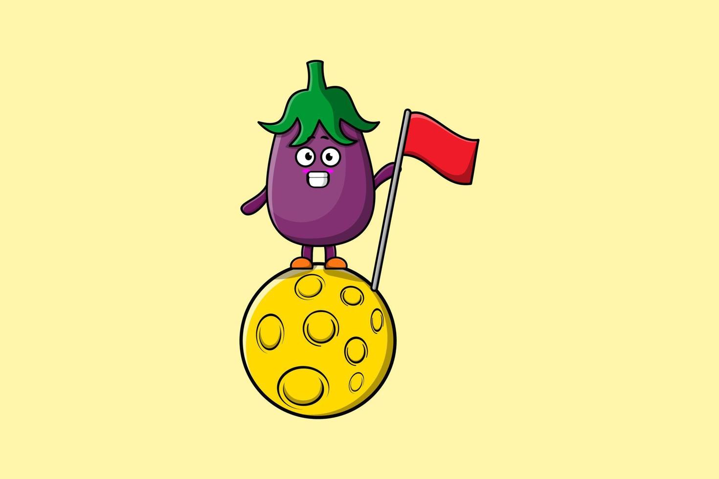 support d'aubergine de dessin animé mignon sur la lune avec drapeau vecteur