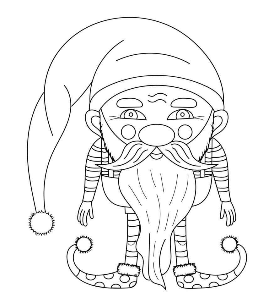 vecteur de coloration nain. noël, illustration de l'assistant féerique du père noël. gnome de style linéaire pour livre pour enfants