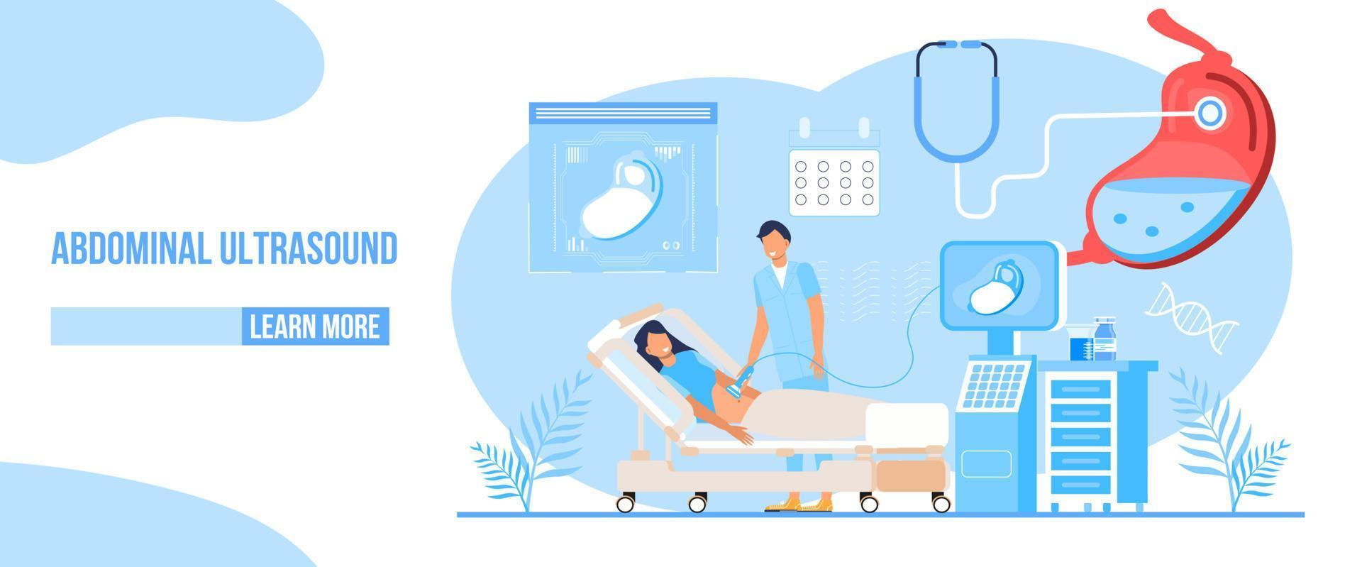 vecteur de concept d'échographie abdominale. vecteur de concept de technologie de soins de santé d'endoscopie. de minuscules médecins font des recherches sur l'estomac. illustration de gastroentérologie pour le site web d'un blog médical