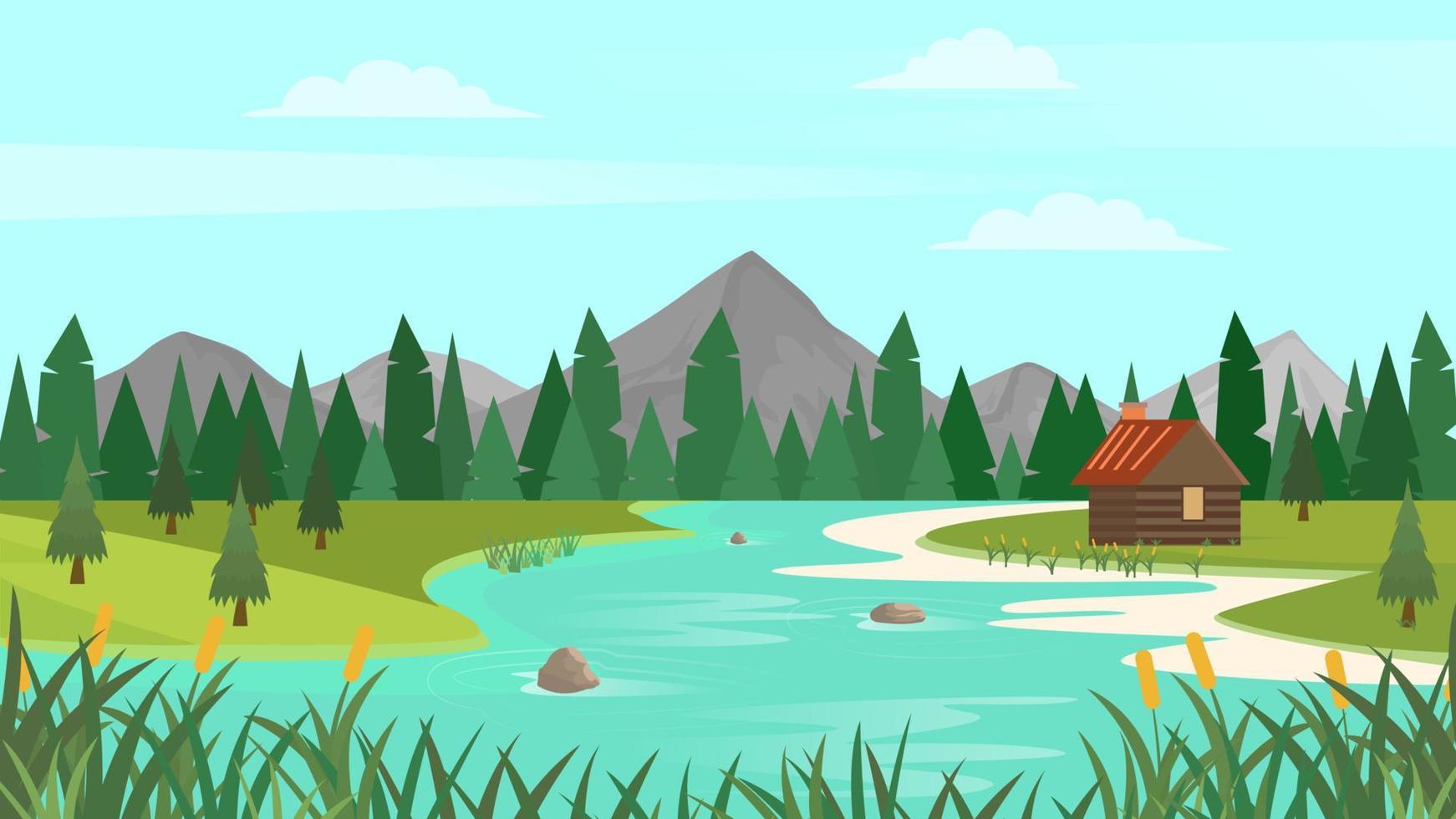 paysage forestier de dessin animé avec montagnes, rivière et sapins. fond de paysage de coucher de soleil ou de lever de soleil. illustration vectorielle. vecteur