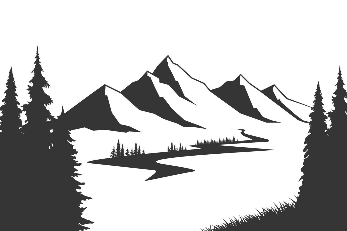 montagne avec pins et paysage noir sur fond blanc. montagne d'illustration vectorielle avec des pins sur fond blanc. illustration de vecteur de montagne.